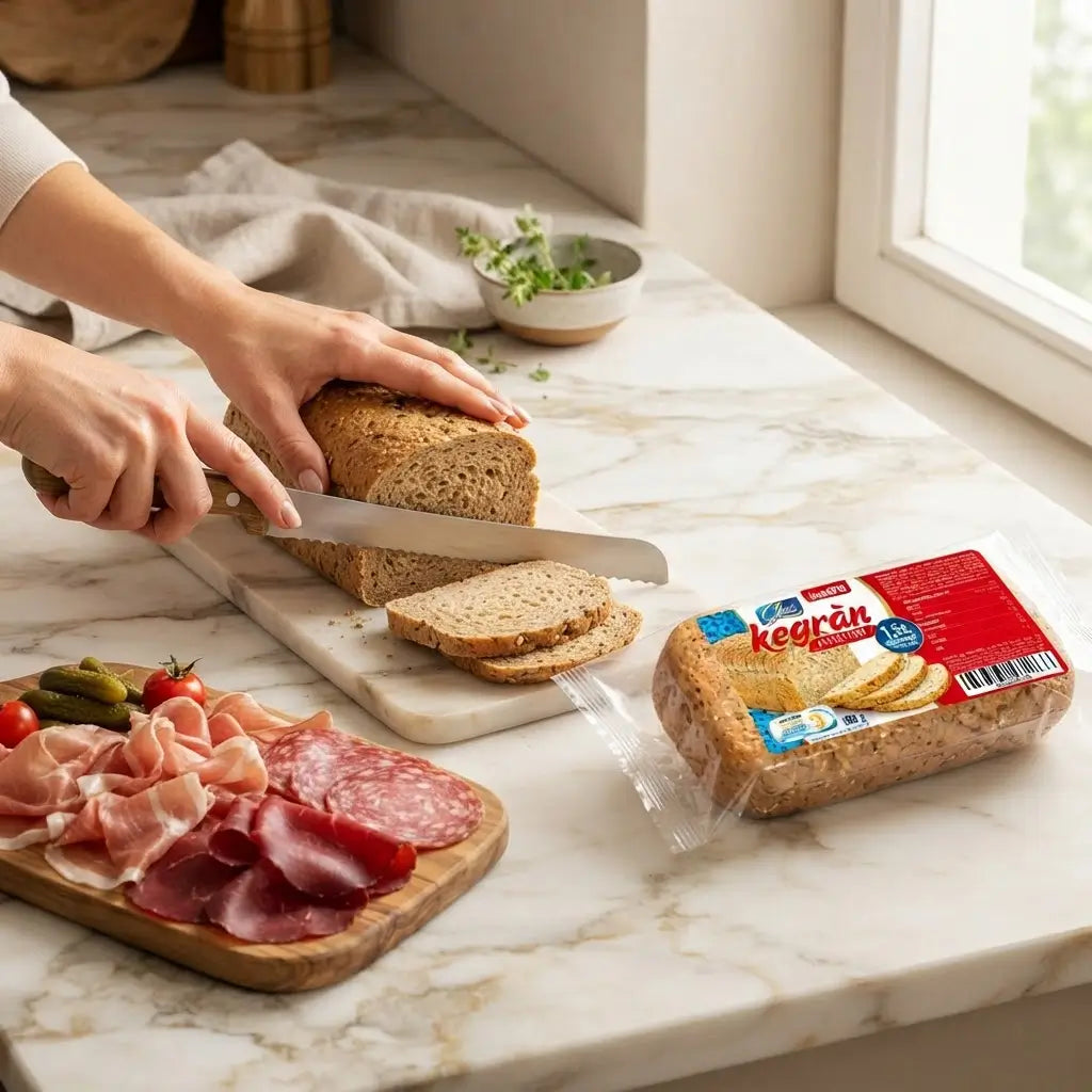 Pane Bauletto Multicereale Keto affettato con salumi e pomodorini su un tagliere.