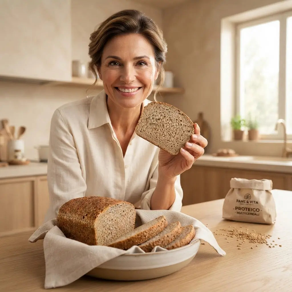 Pane Bauletto Multicereale Keto: donna sorridente con pane su un piatto in cucina, evidenziando alimenti keto.