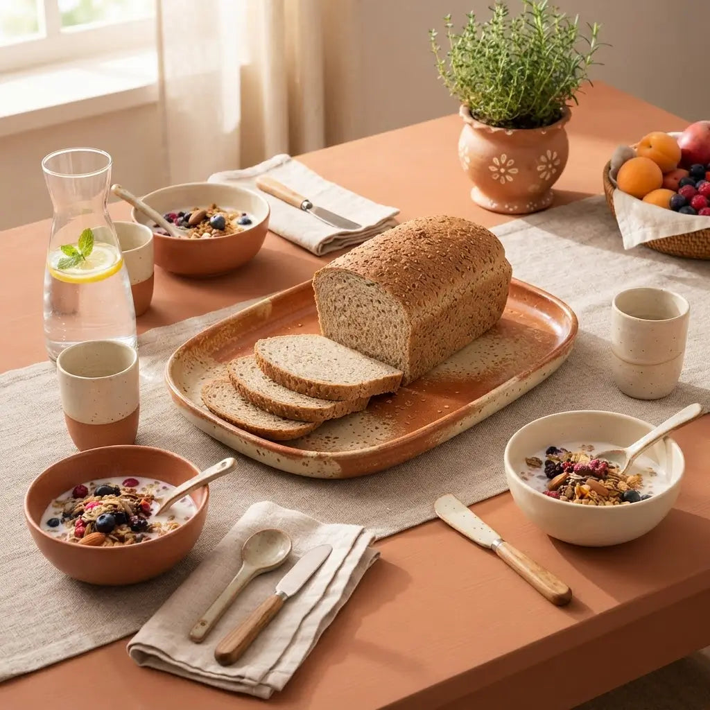 Pane Bauletto Multicereale Keto su un tavolo con ciotole di yogurt e frutta fresca.