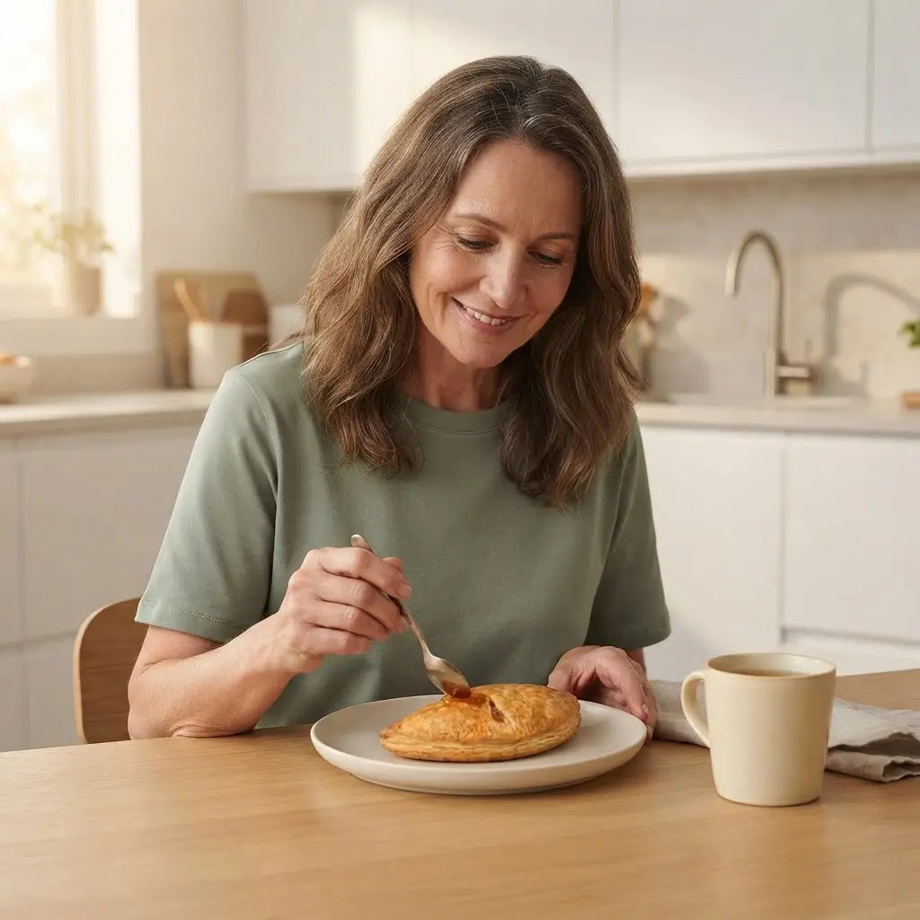 Una donna felice gusta una sfogliatina Zero all'abicocca, l'ideale per alimenti keto e a basso contenuto di zuccheri.