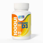 Flacone di vitamina D3 1000 UI, 60 compresse, supporto per ossa e sistema immunitario, ideale per dieta chetogenica.